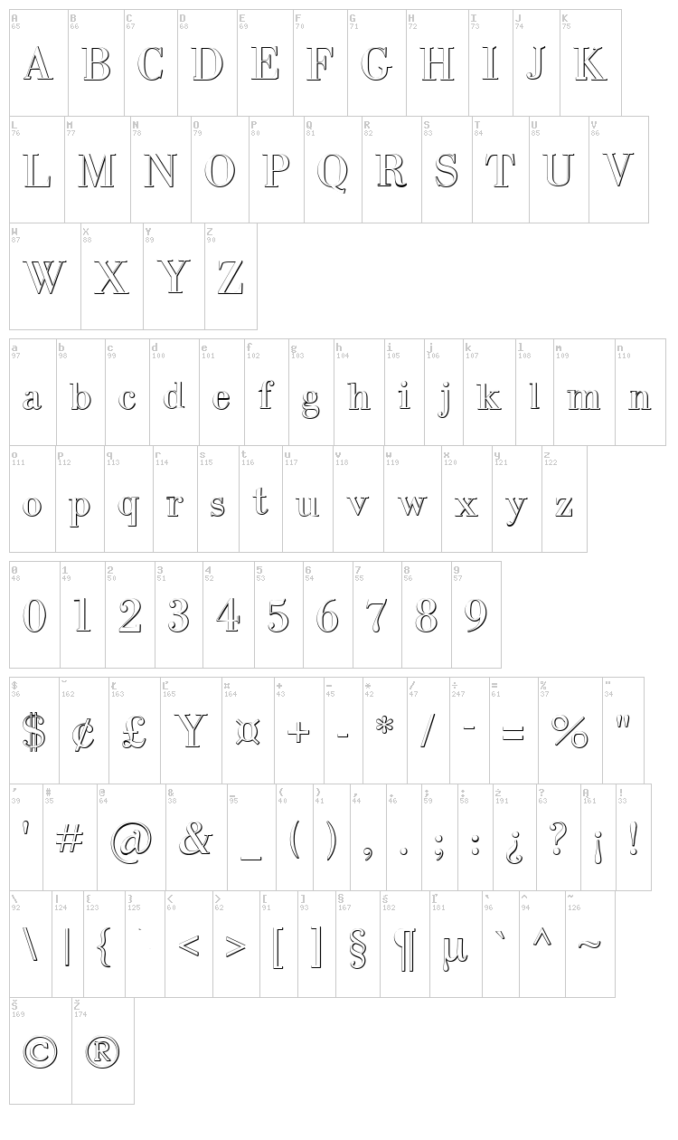 Intellecta Bodoned Beveled font map
